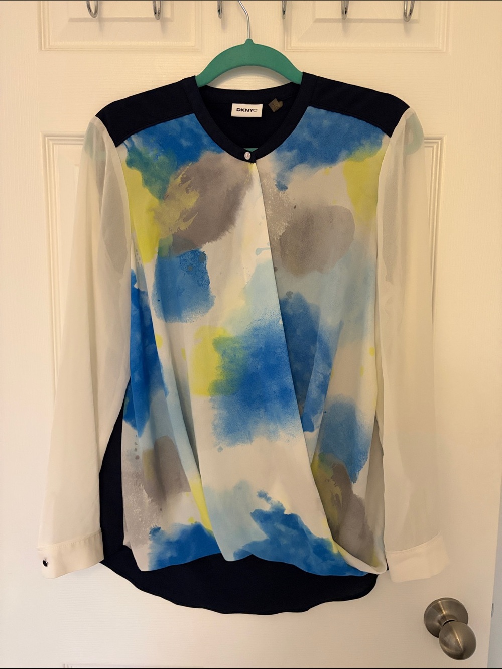 DKNYC Sheer Sleeve Watercolor Front Blouse in Blue, Yellow & Gray